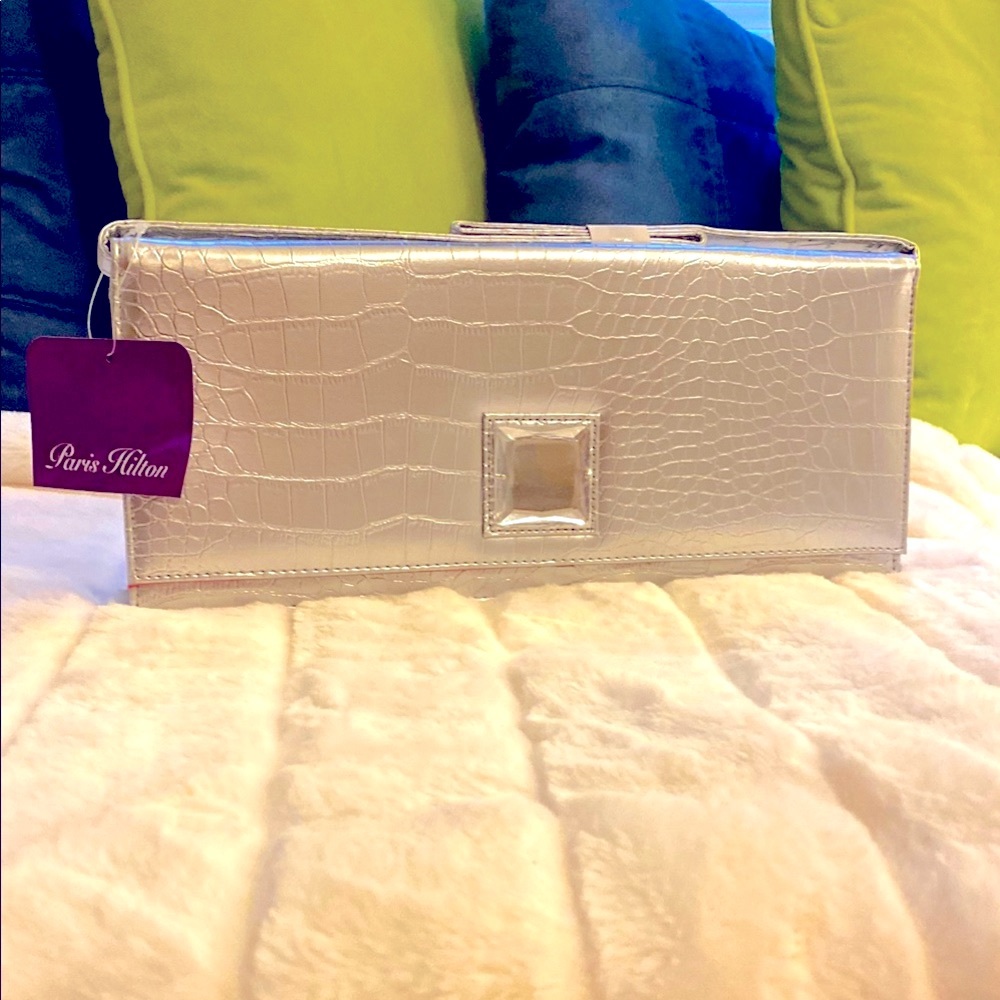 Paris Hilton Metallic Silver Crocodile Clutch